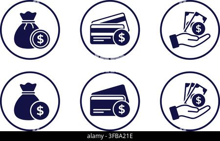 financial transaction vector icons with money bag, credit card, and cash in hand for online banking. Stock Vector