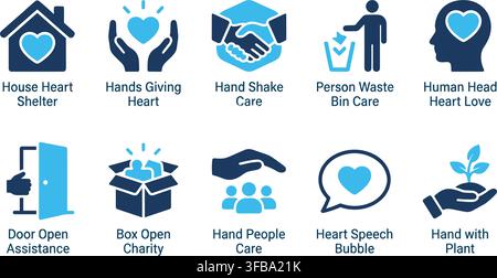 Set of blue flat social responsibility and charity icons featuring caring hands hearts homes and community symbols. Stock Vector
