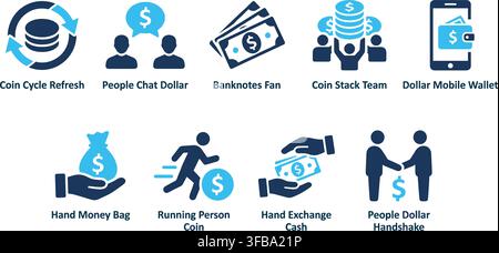 Flat financial vector icons set featuring business currency transactions and exchange rate optimization. Stock Vector