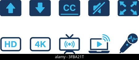 Media control icons set featuring blue player buttons and screen quality symbols for digital user interfaces. Stock Vector