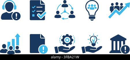 Professional blue corporate business icon set featuring support tasks and creative development process. Stock Vector