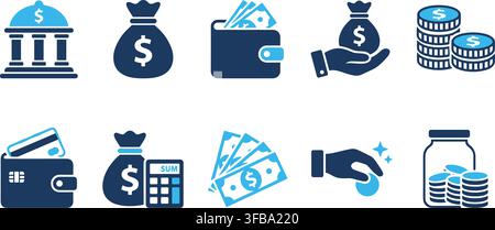 Financial icons showing bank, money bag, wallet, coins, and credit card for banking. Stock Vector
