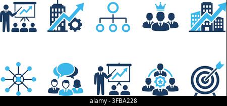 Modern blue corporate icons set including business meeting and team strategy development visual elements. Stock Vector