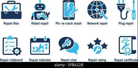 Repair and maintenance service icon set featuring blue and dark blue technical tools for digital platforms. Stock Vector