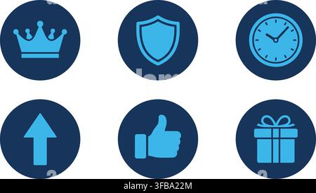 Set of blue circle icons featuring crown shield clock arrow thumbs up gift for mobile application interfaces. Stock Vector