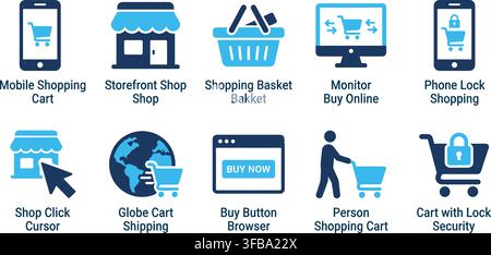 Set of blue flat e commerce and online shopping icons featuring baskets carts store fronts and digital payments. Stock Vector