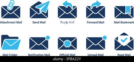 Email communication and messaging icon set in blue and dark blue tones for digital corporate correspondence. Stock Vector