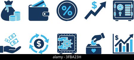 Financial transaction and money saving flat vector icons depicting wallet percentage safe and cash charts. Stock Vector