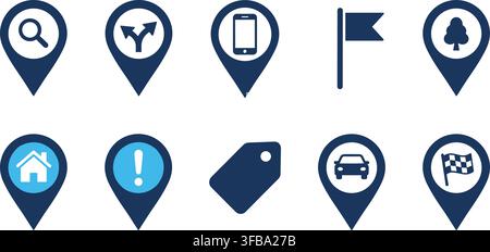Map pointer markers with varied navigation symbols and location pins in blue colors for travel app interface. Stock Vector