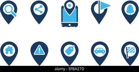 Navigation location pins set with blue icons for mapping apps and global position tracking site interface design. Stock Vector