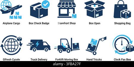 Logistics and shipping icons showing airplane cargo box delivery and retail shopping. Stock Vector