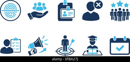 Human resources icons in blue and dark blue representing recruitment talent management and career path. Stock Vector