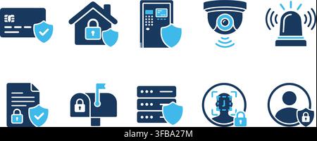 Security protection icons set featuring blue shields and locking symbols for data privacy and home safety. Stock Vector