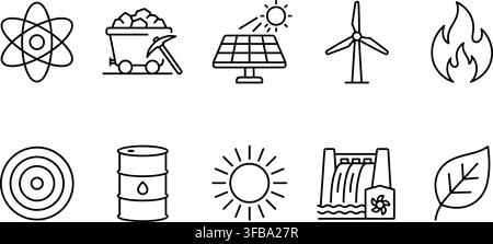 Industrial energy resource line icon collection with solar wind nuclear coal and hydro power station icons. Stock Vector