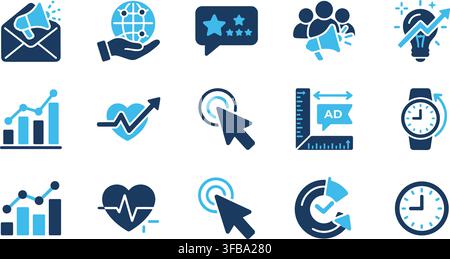 Marketing and advertising blue and dark blue icons set for digital campaigns and business growth. Stock Vector