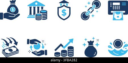 Financial banking icons set featuring blue and dark navy flat illustrations for investment and money management. Stock Vector