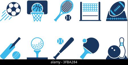 Sports equipment icons collection with football, basketball, tennis, cricket, golf, and baseball items. Stock Vector