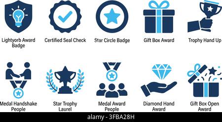 Gamification award badges and trophy icons with text descriptions for corporate rewards and achievements. Stock Vector