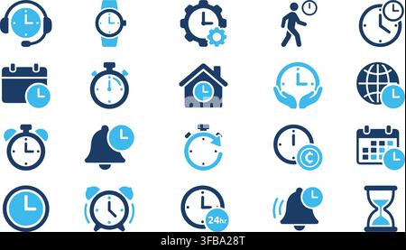 Twenty blue and dark blue time icons for various time-related concepts and applications. Stock Vector
