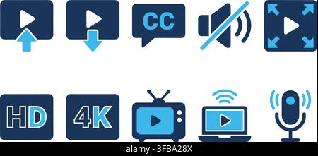 Video player interface icons set blue control button symbols for media application design streaming platform. Stock Vector