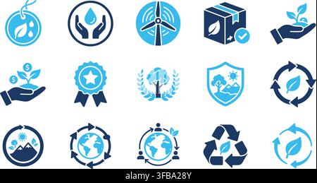 Set of blue flat environmental protection and sustainability icons depicting nature conservation and green living. Stock Vector