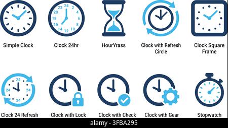 Various clock icons with twenty four hour format hourglass refresh cycle and square frame for time tracking. Stock Vector
