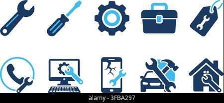 Technical repair service icons set with blue tools equipment and diagnostics for computer hardware repair. Stock Vector