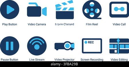 Video production and multimedia playback icons collection with movie clapper film reel and screen recording. Stock Vector
