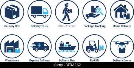 Global delivery and logistic shipping service circular icon collection featuring distribution and cargo transport. Stock Vector