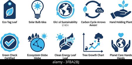 Green ecology and sustainability linear icons in blue and navy colors showing renewable energy conservation. Stock Vector