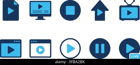 Media player control icons set in blue and navy colors for video streaming interface and digital broadcast app. Stock Vector
