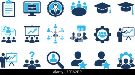 Human resources and business education icons featuring training presentation and networking for office team. Stock Vector