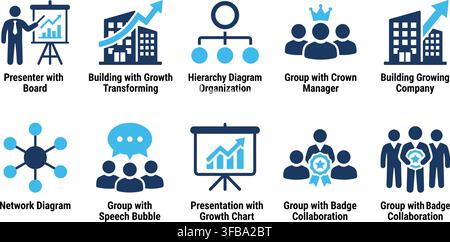Team collaboration and corporate presentation icons with blue network diagrams hierarchy and meeting rooms. Stock Vector