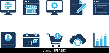 Professional business flat design icon set featuring blue duo tone digital tools for corporate office tasks. Stock Vector