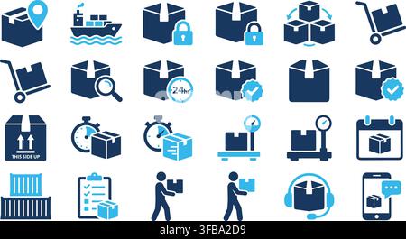 Various shipping and logistics icons in blue and dark blue, including boxes, vehicles, and processes. Stock Vector