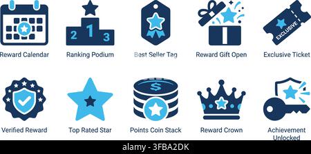 Reward and loyalty program icon set with blue and dark blue graphics for gamification or customer rewards. Stock Vector