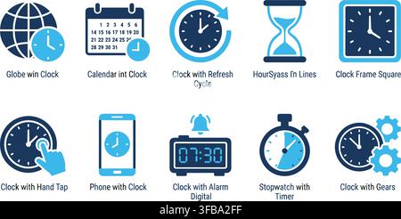 Time related icons in dark blue and light blue featuring clocks, calendars, and other temporal objects. Stock Vector