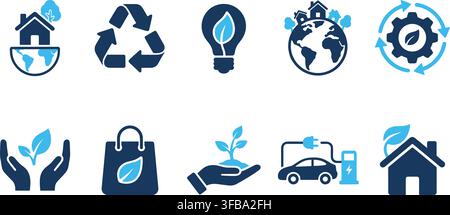 Green and blue eco-friendly icons for sustainability, nature, and recycling. Stock Vector
