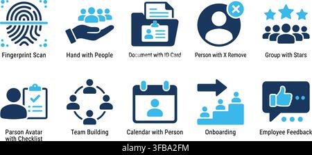 Human resources and business management icons set featuring employee feedback and onboarding team graphics. Stock Vector