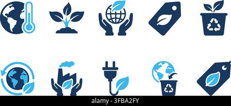 Global climate change and environmental icons set featuring eco sustainability and power saving solutions. Stock Vector