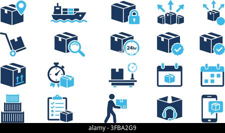 Logistics and shipping delivery icons collection featuring blue cargo boxes and transport symbols for business. Stock Vector