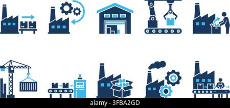 Industrial manufacturing factory icons featuring blue and navy assembly lines for logistics warehouse systems. Stock Vector