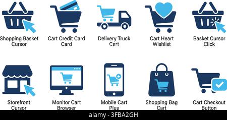 Interactive retail icons set with blue and navy shopping carts cursors baskets for web application use. Stock Vector