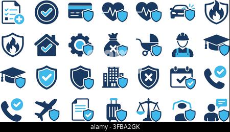 Set of blue and dark gray security and protection icons for various insurance purposes and safety concepts. Stock Vector