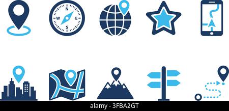 Location and navigation icons featuring map pins, compass, globe, city, mountains, and route. Stock Vector