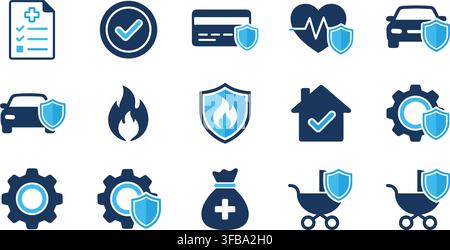 Insurance coverage icons with blue security shields representing health auto property and business protection. Stock Vector