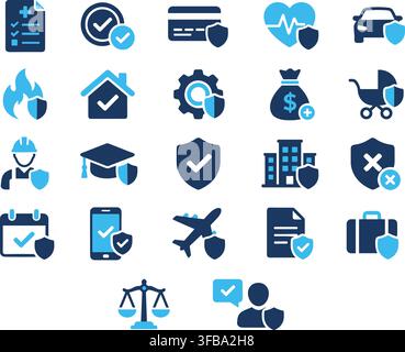 Insurance and risk management icons set featuring blue black shield symbols for secure financial protection. Stock Vector