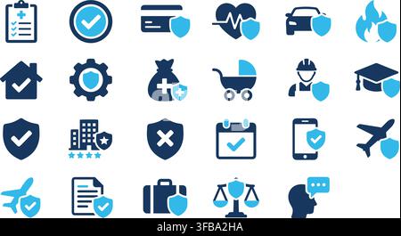 Set of insurance and protection icons with blue shields and dark blue symbols for business financial safety. Stock Vector