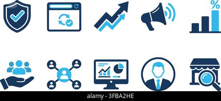 Marketing and corporate management flat icons set with megaphone security shield web analytics and search. Stock Vector
