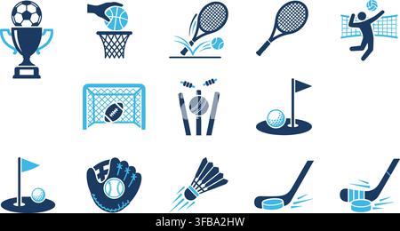 Sports equipment trophy ball tennis racket football goal net golf flag glove hockey stick vector icon set. Stock Vector